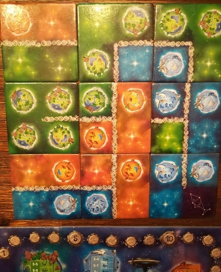 Mon univers à moi qui marque 5 points en vert, 4 en orange, 6 en bleu et 2 en astéroïdes