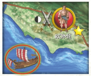 Le port de Rome et le symbole de ravitaillement (rond noir et blanc)
