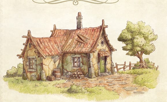 maison modeste et arbre dessinés avec des teintes pastel